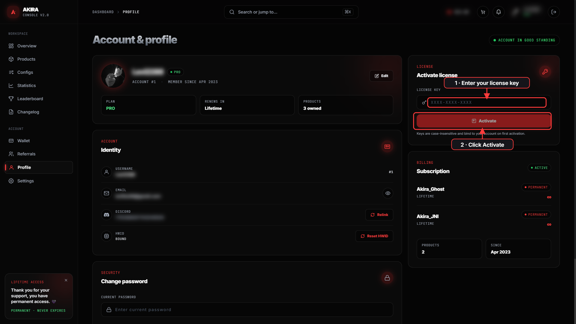 The Activate license box on the Profile page with a license key field and Activate button