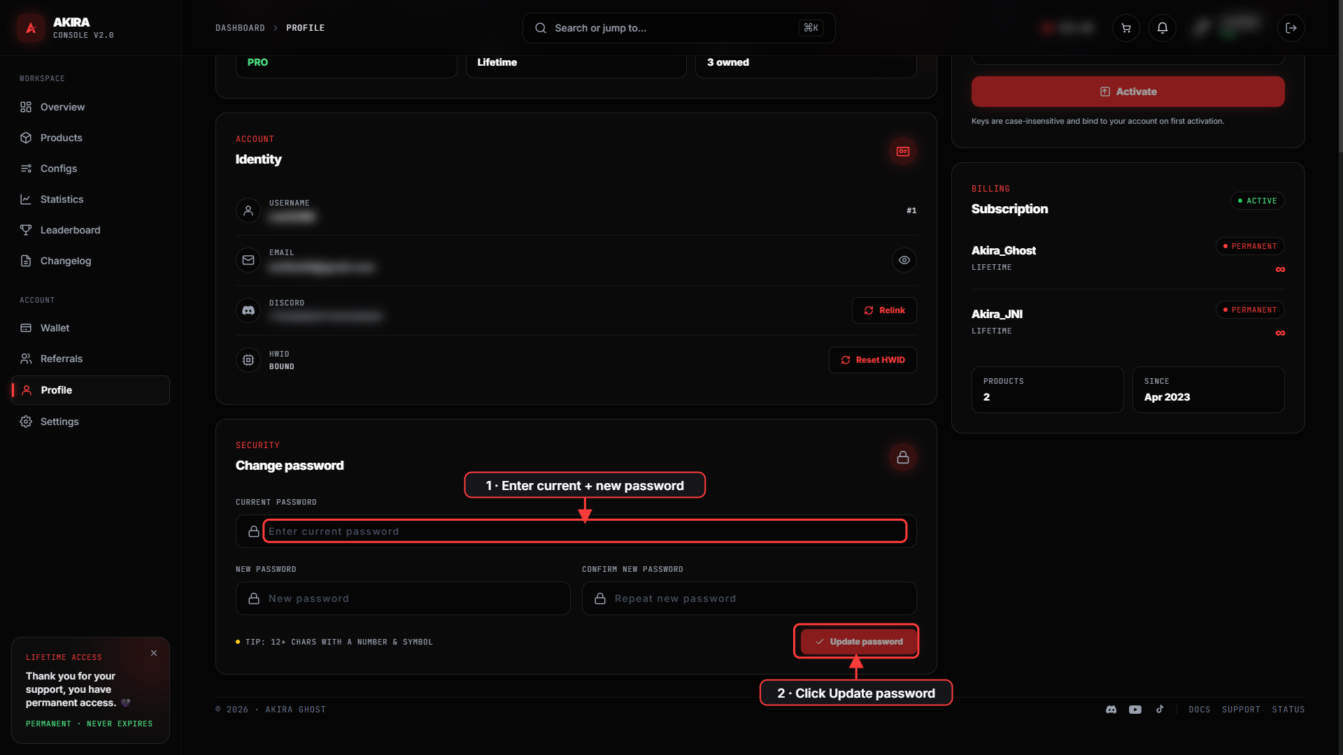 The Change password section with current and new password fields and the Update password button